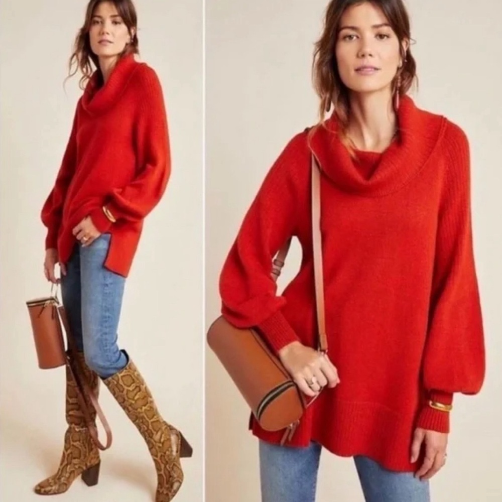 Anthropologie | Paloma Balloon Sleeve Turtleneck Neck Sweater in Vibrant Rust